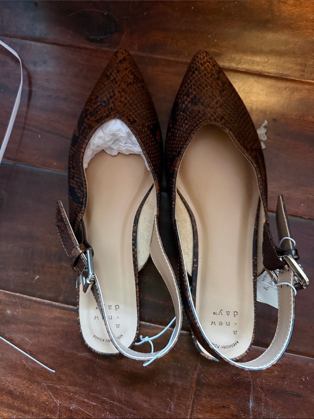 Pointed Toe Brown Snake-Print Slingback Flats